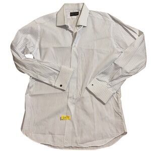 Dario‎ Perla Mens White Blue Striped Long Sleeve Dress Shirt Formal